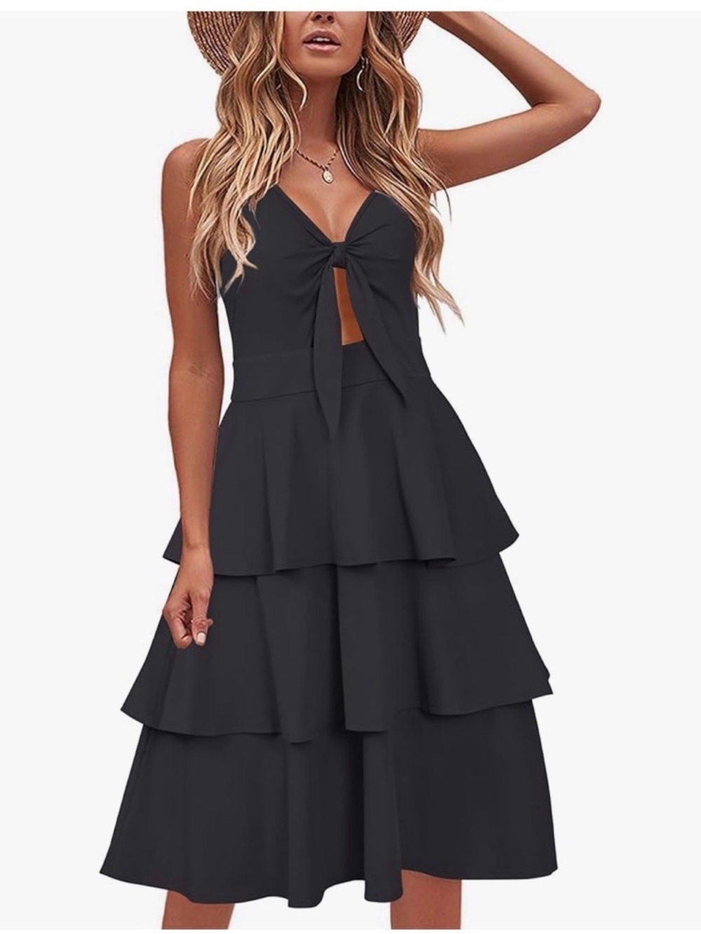 ePretty Black Tie-Front Tiered Midi Dress with V-Neck